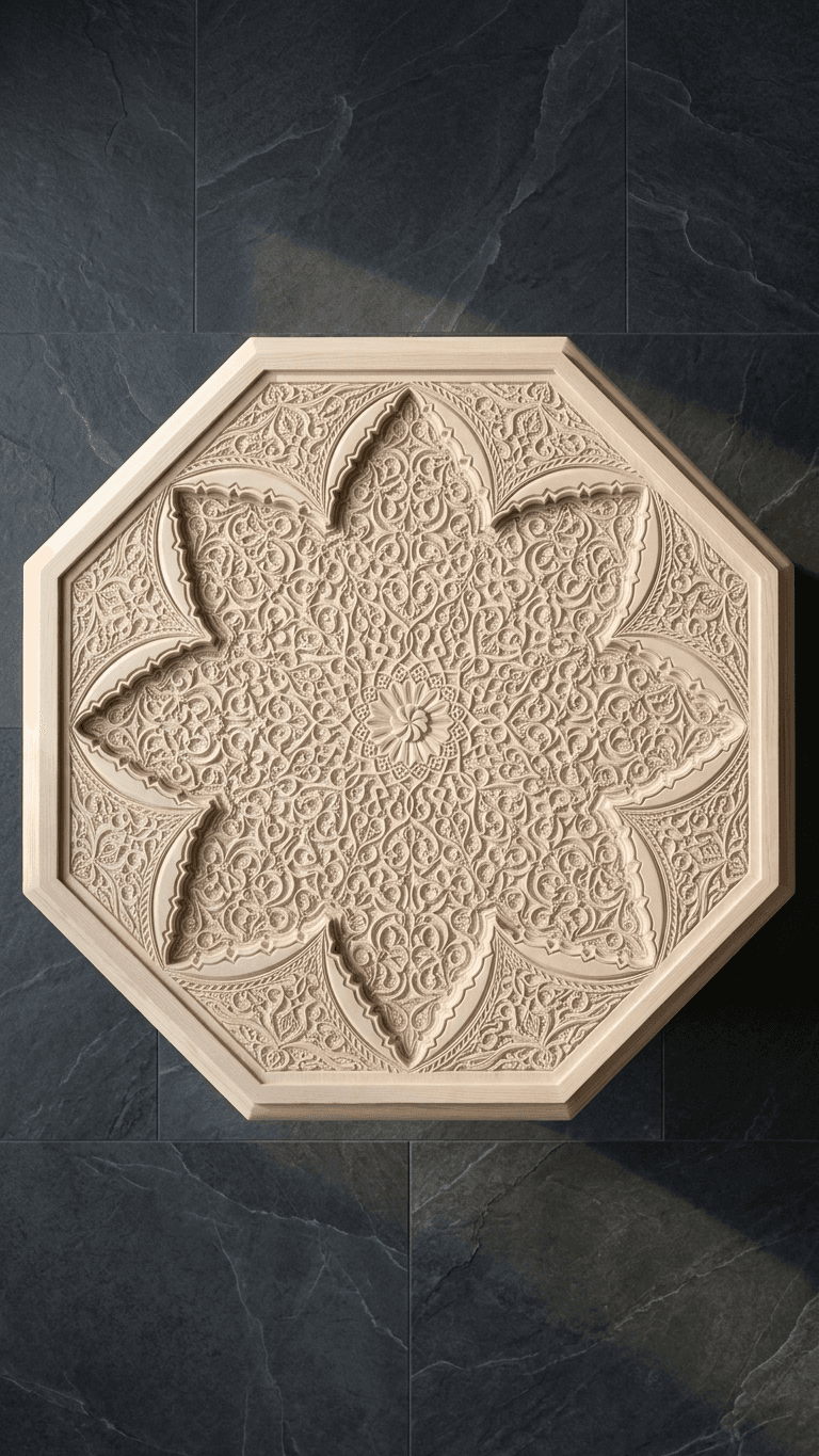 Table de Salon Marocaine Sculptée à la Main en Cèdre Massif – Étoile Florale 8 Branches & Arcades Maures