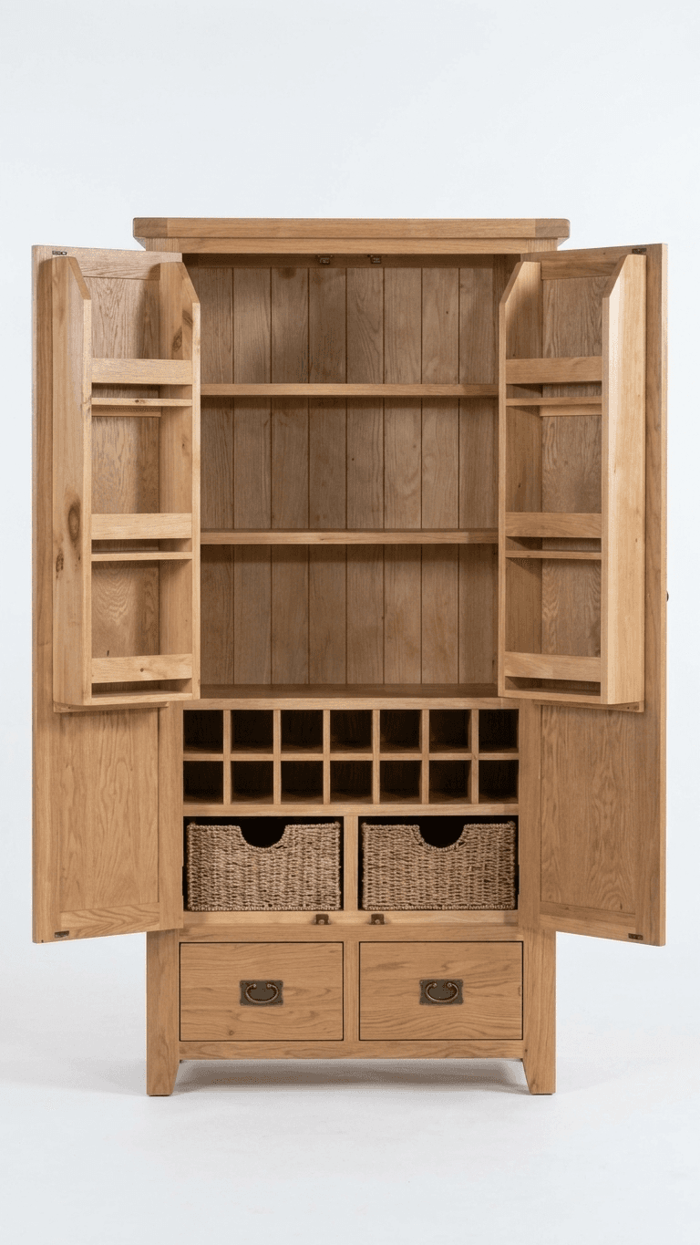Armoire de garde-manger de cuisine en bois massif avec porte-épices, casier à vin et paniers en osier