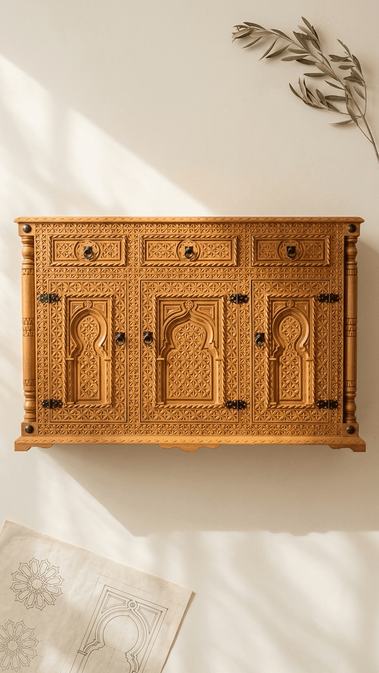 Buffet marocain en bois de cèdre massif sculpté à la main avec 3 tiroirs et portes en arc mauresque