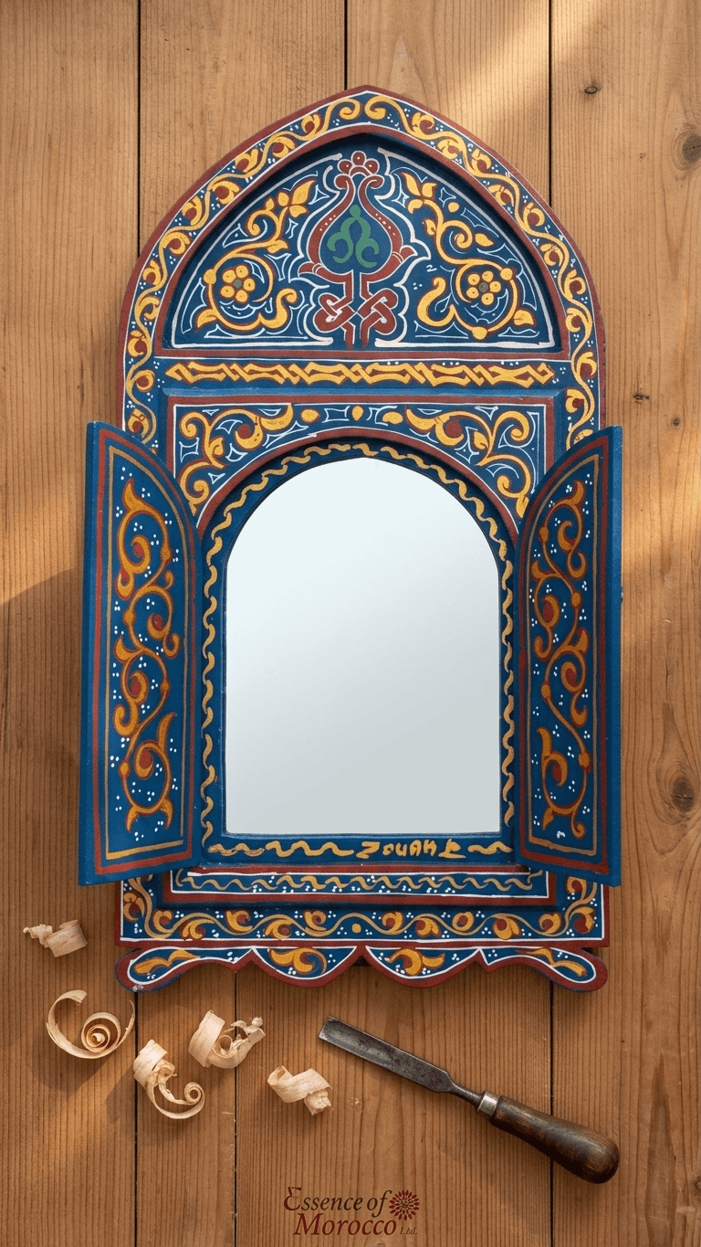 Hand-Painted Moroccan Arched Window Mirror with Opening Wooden Shutters & Zouak Art
