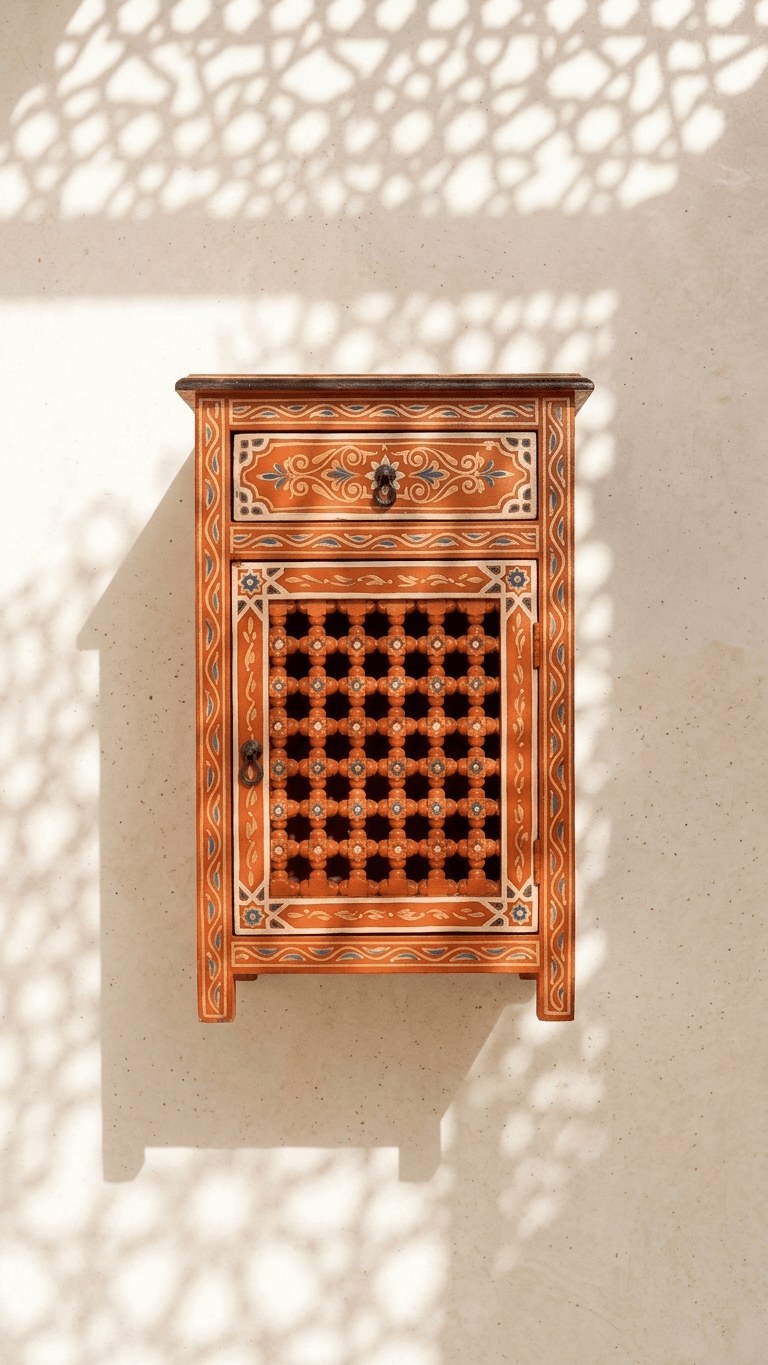 Table de nuit marocaine en bois fabriquée à la main – Table de chevet Zouak peinte à la main avec tiroir