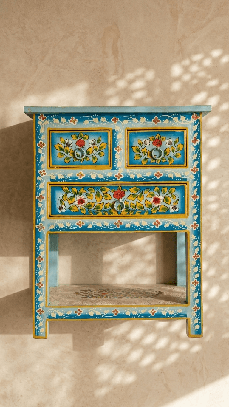 Table de chevet marocaine en bois peinte à la main en bleu turquoise avec 3 tiroirs et étagère ouverte