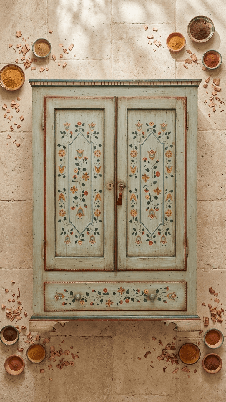 Armoire en bois marocaine peinte à la main en vert sauge antique avec motif floral Zouak et tiroir
