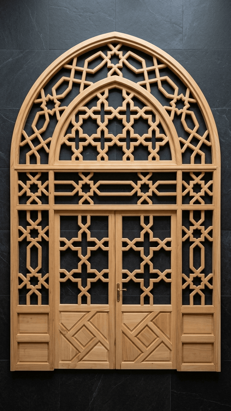 Monumental Moroccan Arched Entrance Portal in Solid Cedarwood with Geometric Glazed Doors