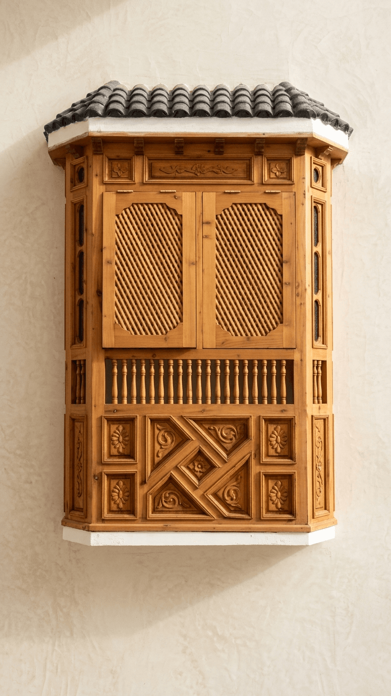 Handcrafted Moroccan Projecting Mashrabiya Window with Green Tile Roof in Solid Cedar