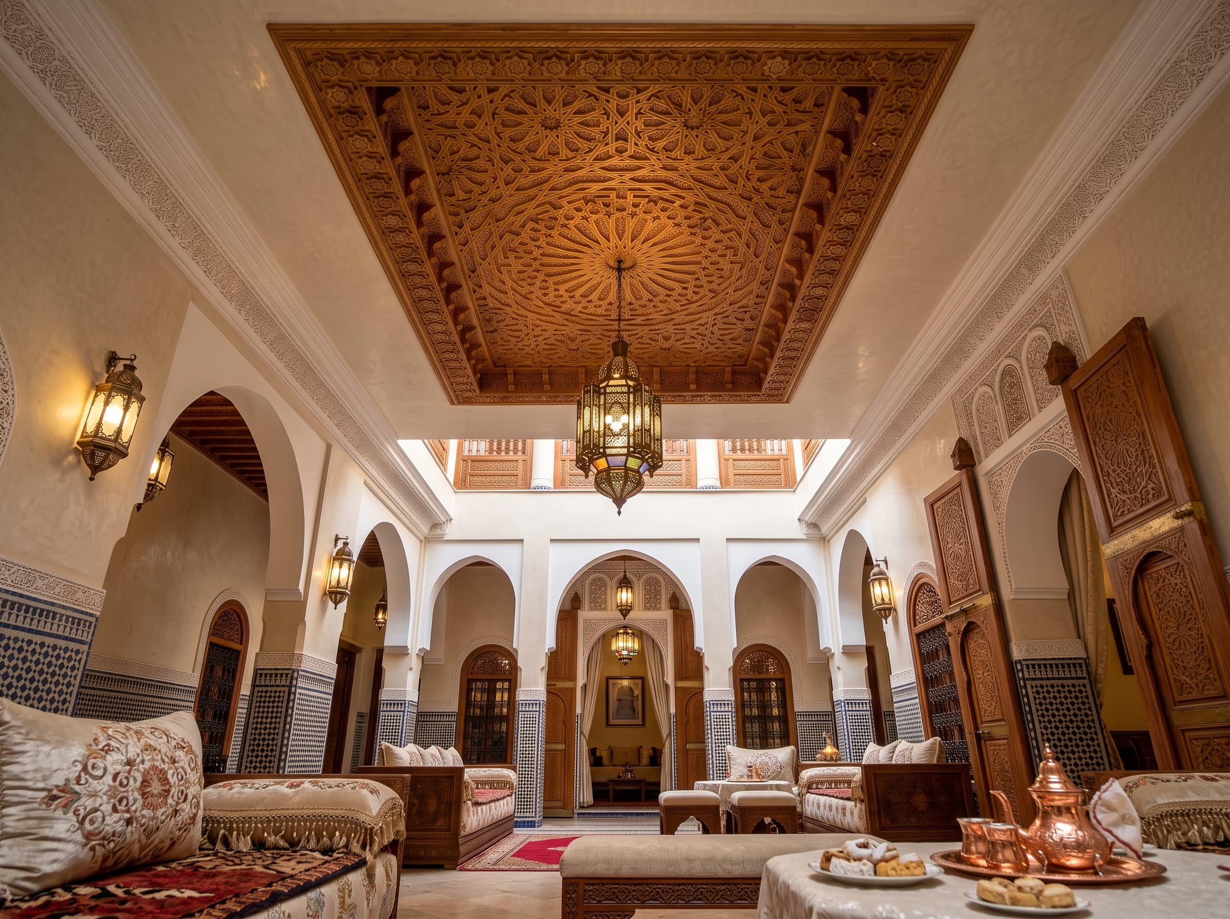 Plafond marocain en bois sculpté — Panneau à caissons en cèdre massif de l'Atlas