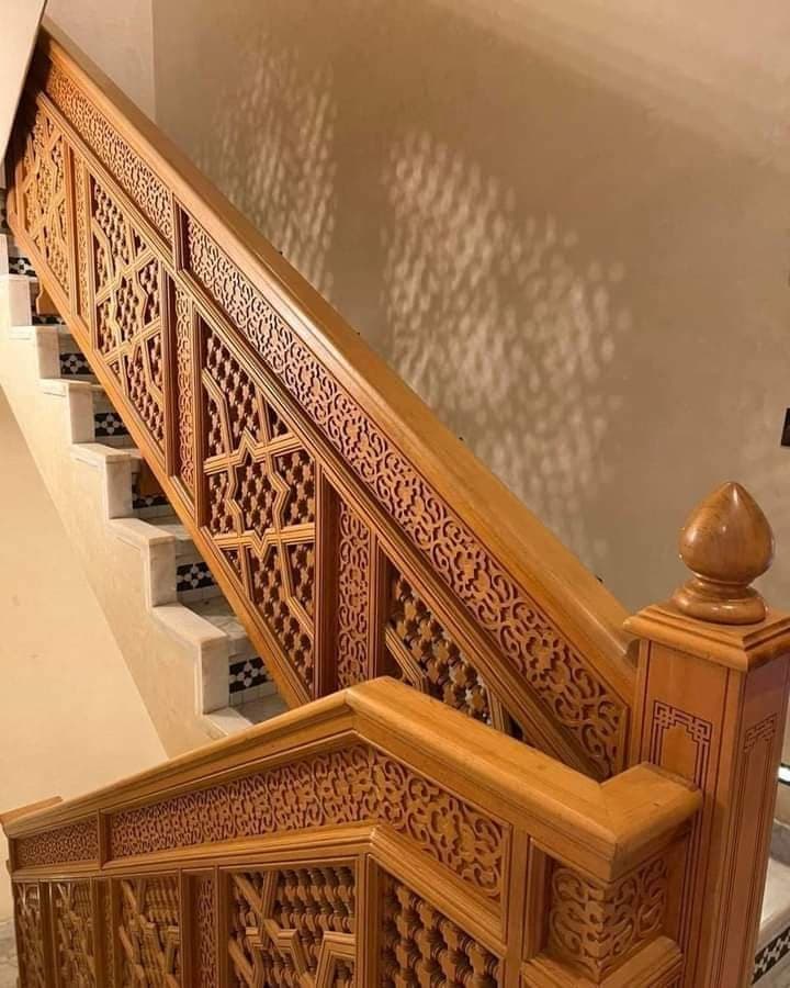 Carved Cedar Staircase Balustrade with Mashrabiya and Arabesque Panels