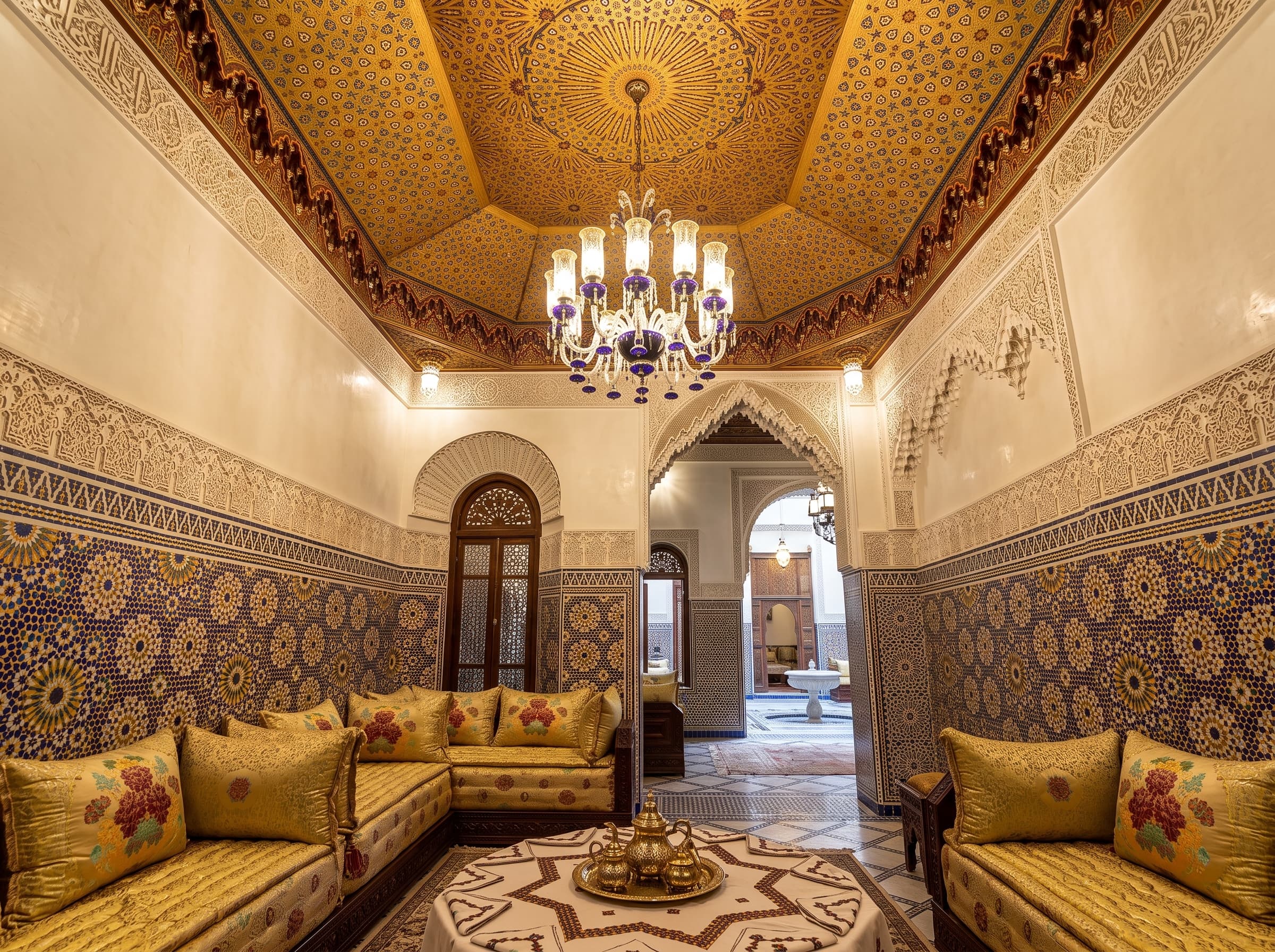 Plafond en dôme de cèdre peint en Zouak doré (Qubba) dans un salon marocain traditionnel