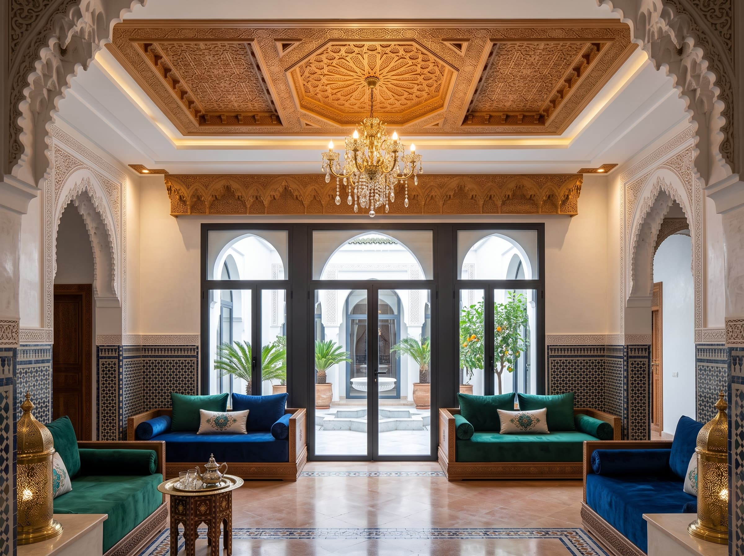 Handcrafted Cedar Wood Ceiling with Octagonal Medallion and Muqarnas Cornice